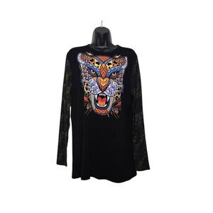 Ay Guey! Jaguar Shirt Size Large Top Patchwork Look Skull Sleeves